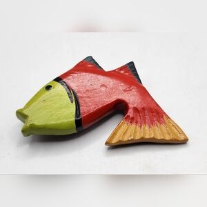 Vintage Wooden Fish Brooch Handpainted Red Green Black 3" X 2" Pin
